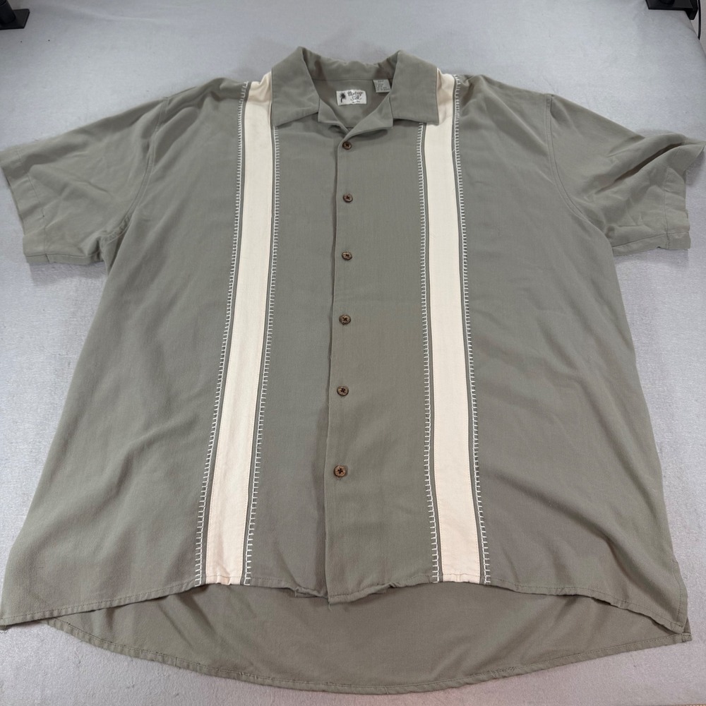 Vintage Silk Rayon Camp Shirt Mens 2XLT Sage Green Panel Embroidered Retro